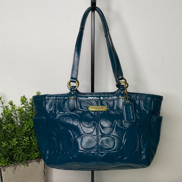 Coach Gallery‎ Embossed Patent Leather Tote Shoulder Bag F19462 Teal - Picture 1 of 9